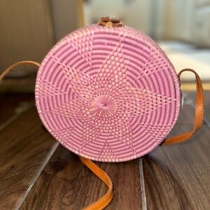 Pink Woven Round Crossbody Bag